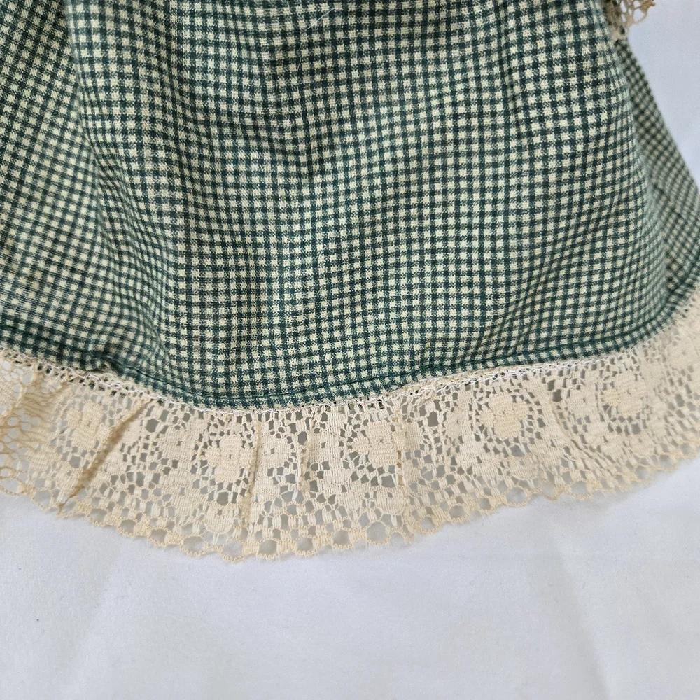 Vtg Inspired‎ Handmade Jointed Fabric Doll Green Gingham Dress Yellow Yarn Hair
